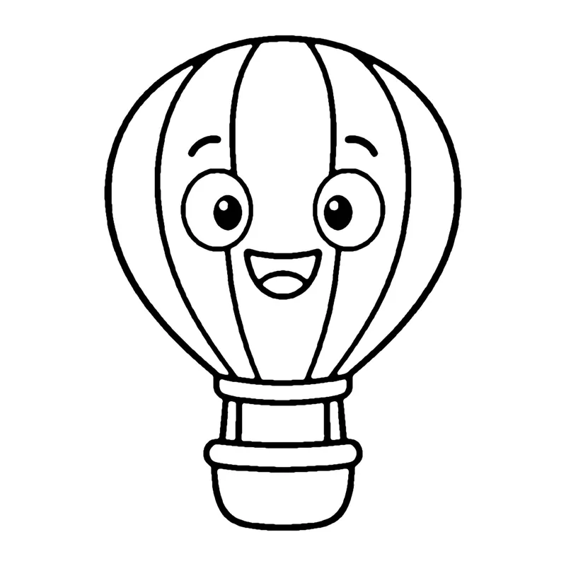 Line drawing of a smiling striped hot air balloon with a small basket hanging below