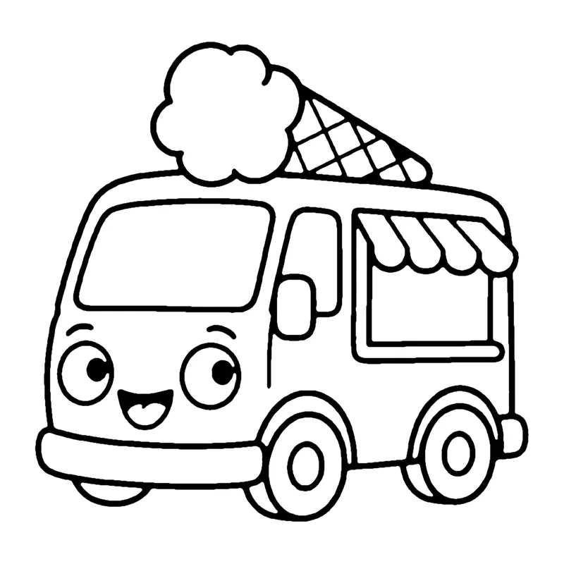 Line drawing of a smiling ice cream truck with a big cone on the roof and a striped awning