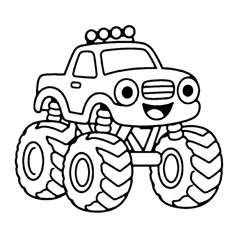 Line drawing of a smiling monster truck with giant chunky tires and lights on the roof