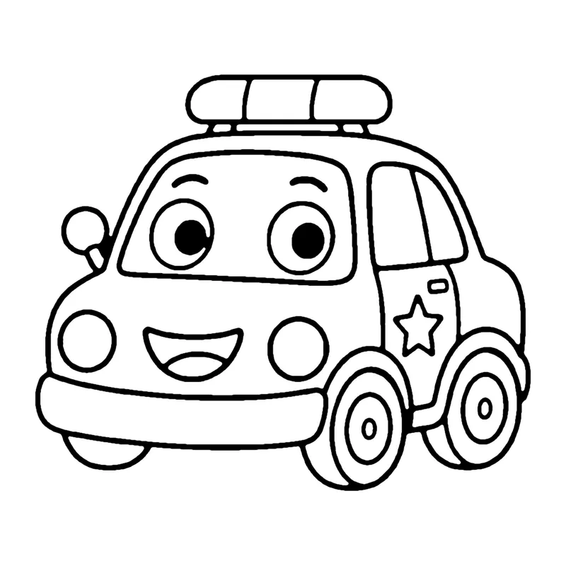 Line drawing of a smiling police car with a light bar on the roof and a star badge on the door