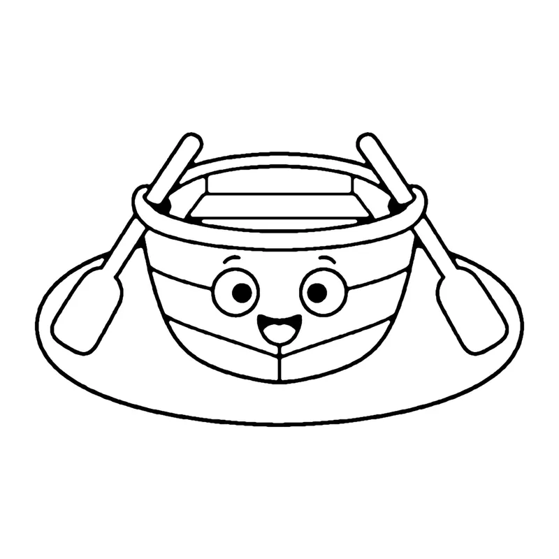 Line drawing of a smiling wooden rowboat with two oars resting on calm water