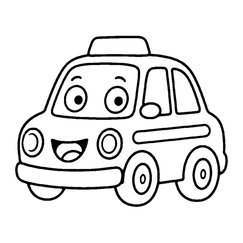Line drawing of a smiling taxi with a sign on the roof, round headlights and four doors