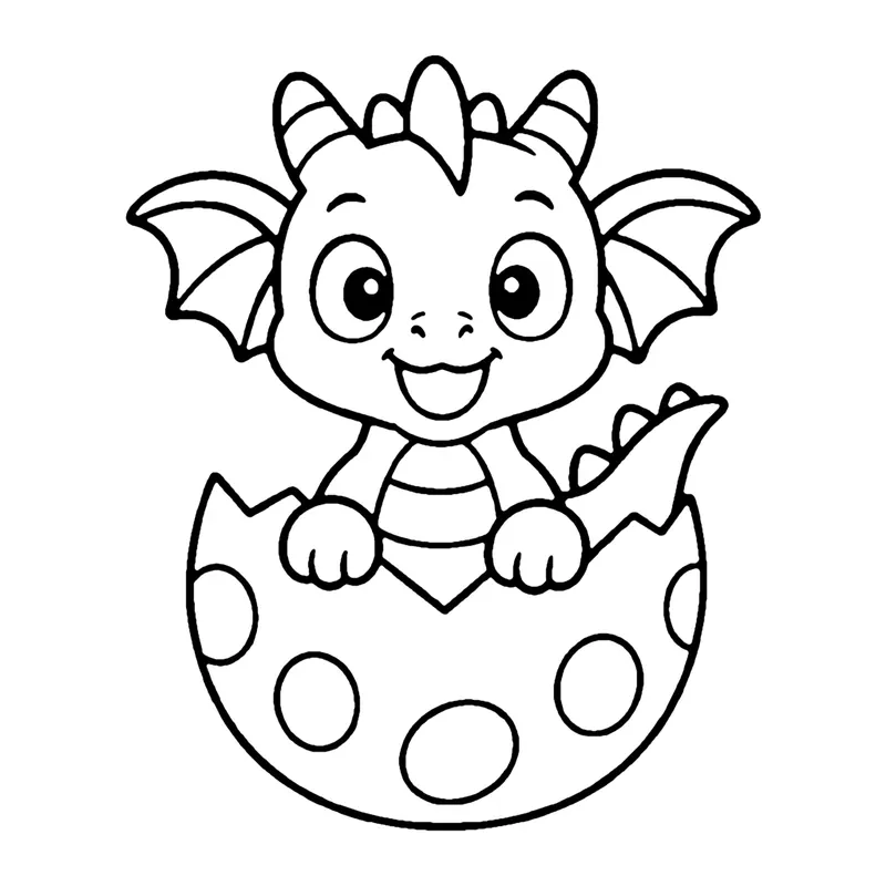 Line drawing of a baby dragon with small wings popping out of a cracked spotted egg