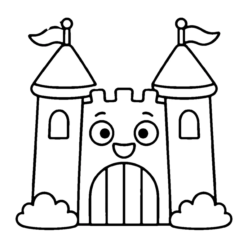 Line drawing of a smiling castle with two pointed towers, flags and a tall arched gate
