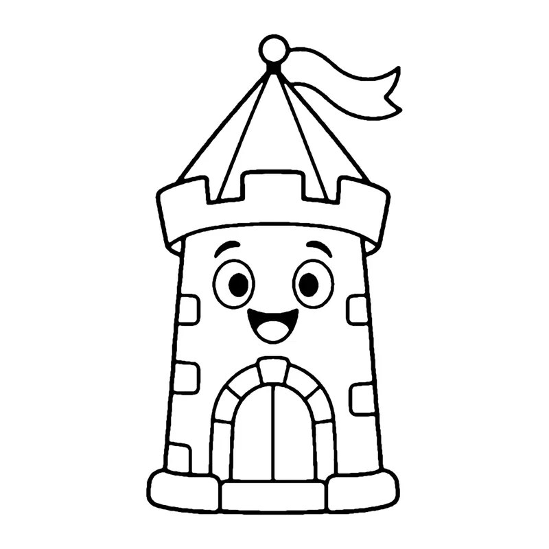 Line drawing of a smiling round stone tower with a pointed roof, a flag and an arched door