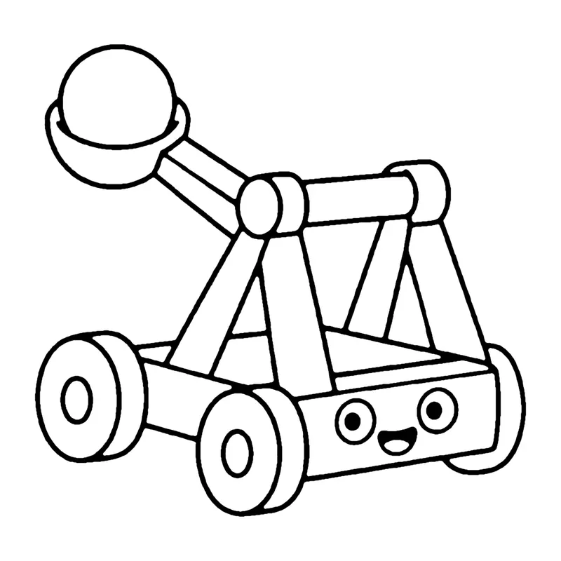 Line drawing of a smiling wooden catapult on wheels with a round stone in its arm