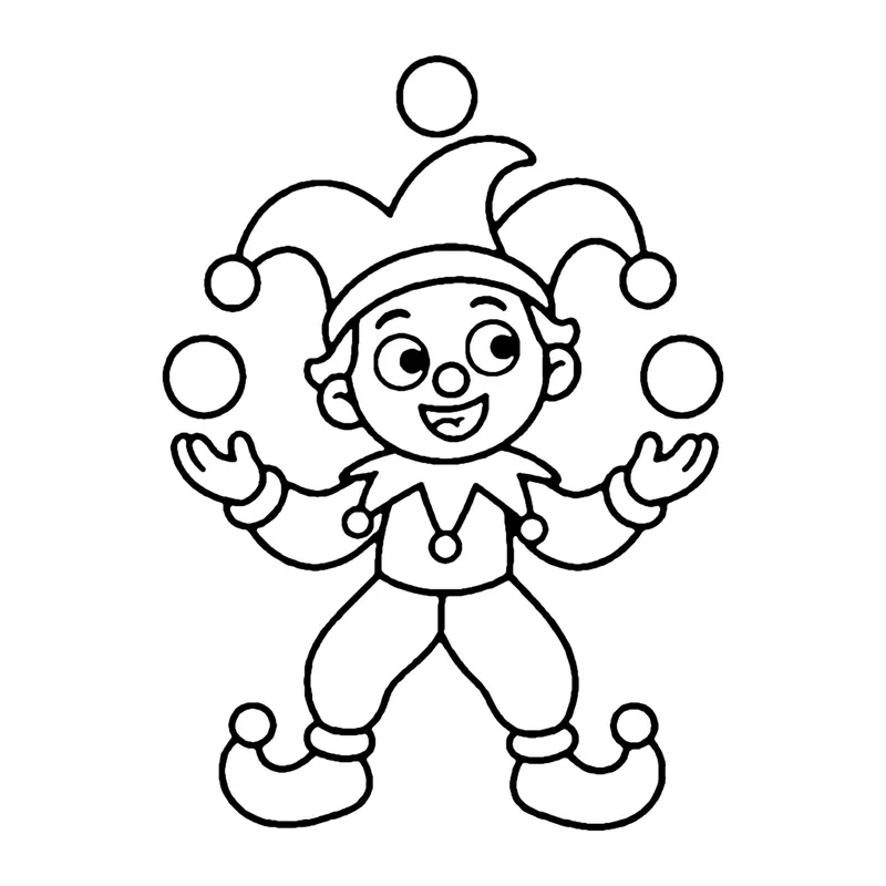 Line drawing of a jester in a pointed hat with bells juggling three balls