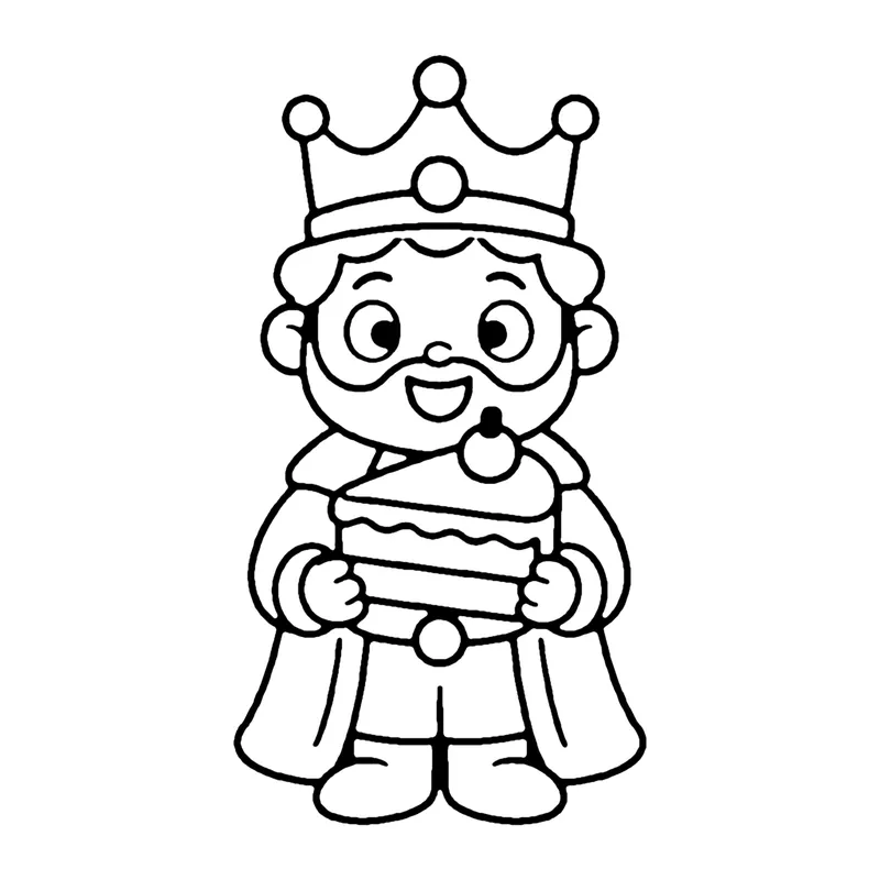 Line drawing of a smiling king in a crown and cape holding a layered cake with a cherry