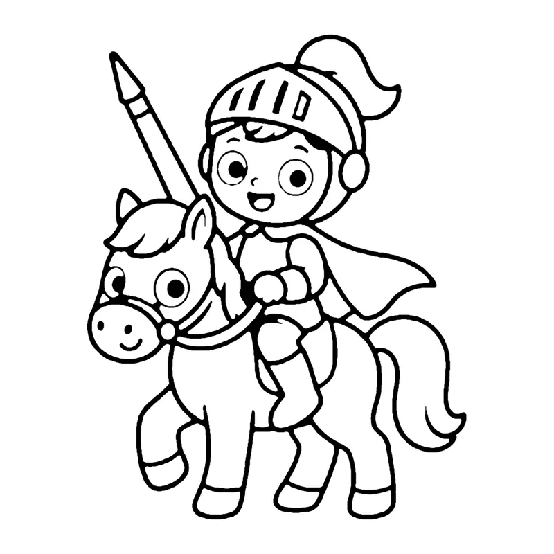 Line drawing of a young knight in a plumed helmet riding a pony and holding a lance