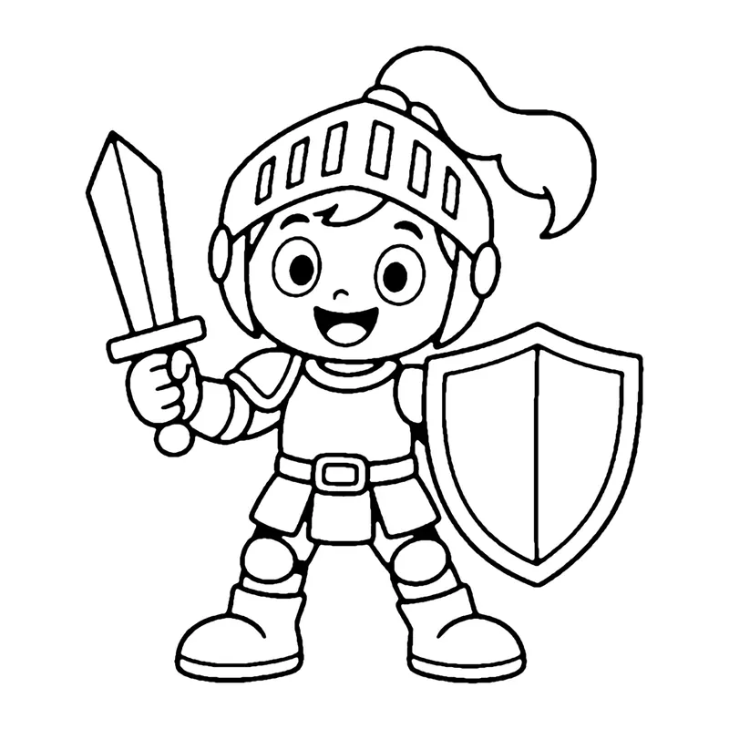 Line drawing of a young knight in armor with a plumed helmet, holding a sword and a shield