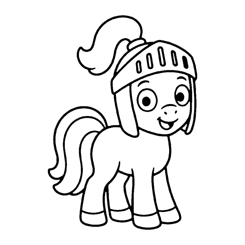 Line drawing of a smiling pony wearing a knight helmet with a long feather plume