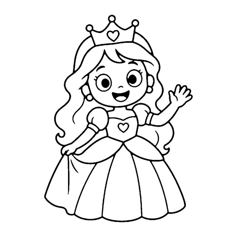 Line drawing of a waving princess with long wavy hair, a small crown and a puffy layered gown