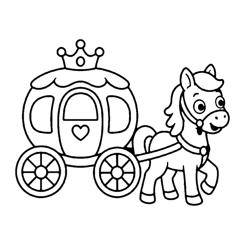 Line drawing of a round royal carriage with a crown on top and spoked wheels pulled by a pony