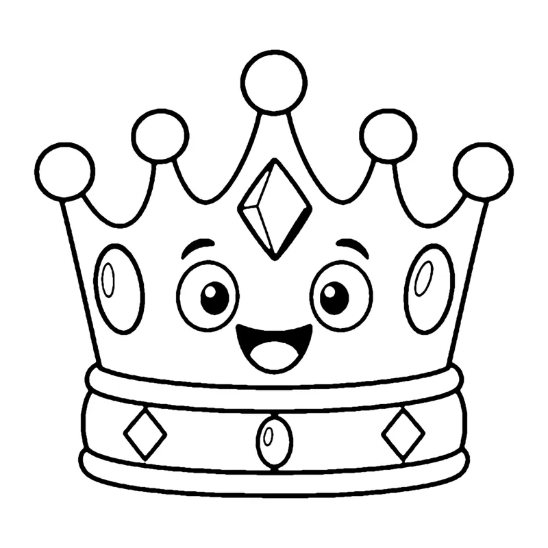 Line drawing of a smiling crown with pointed tips, round jewels and a diamond-shaped gem