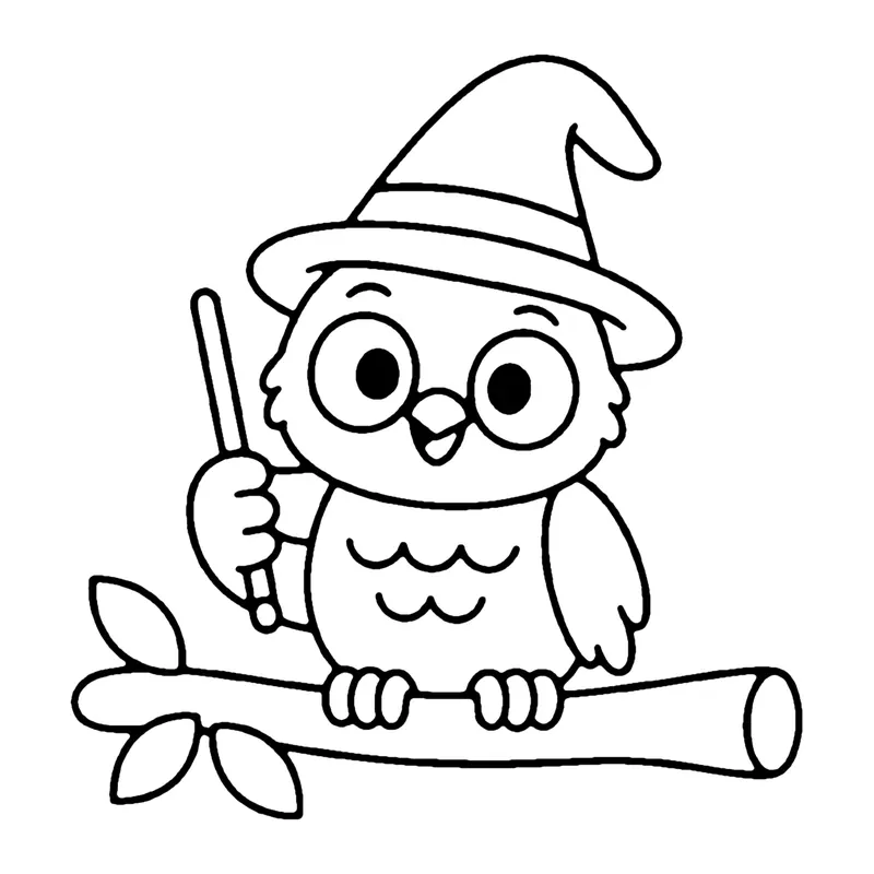 Line drawing of an owl wearing a wizard hat holding a wand while perched on a branch