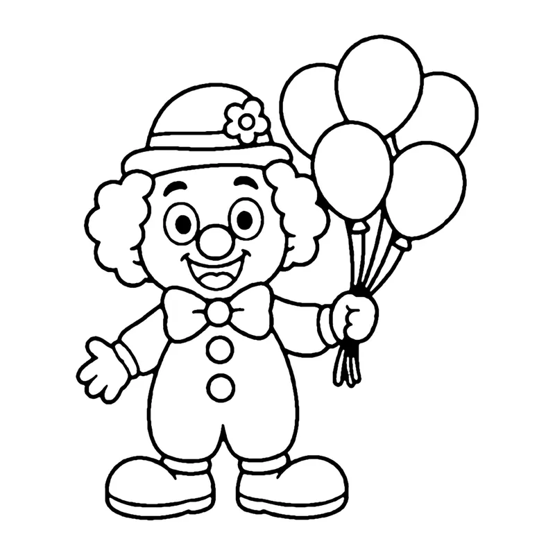 Line drawing of a clown with a flower hat holding a big bunch of balloons