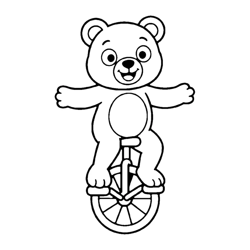 Line drawing of a smiling bear riding a unicycle with its arms stretched out for balance