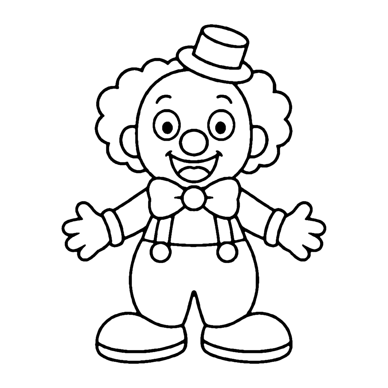 Line drawing of a smiling clown with curly hair, a tiny top hat, a bow tie, suspenders and big shoes