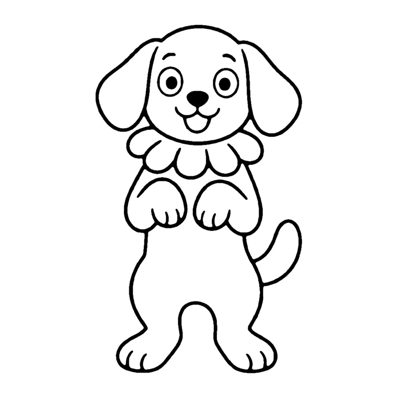 Line drawing of a smiling puppy with floppy ears and a ruffled collar standing on its back legs