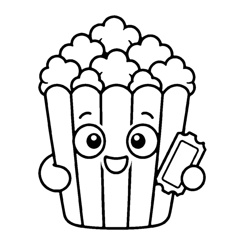 Line drawing of a smiling striped popcorn bucket holding a ticket, overflowing with popcorn