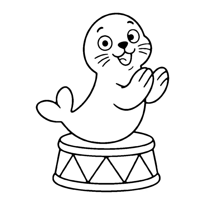 Line drawing of a smiling seal sitting on a round stand with triangle patterns, clapping its flippers