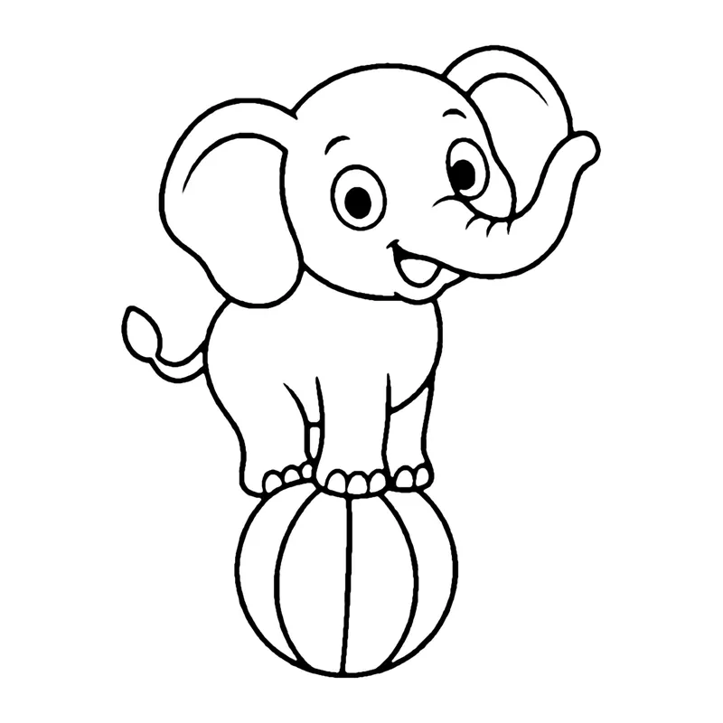 Line drawing of a smiling elephant standing with all four feet on top of a striped ball
