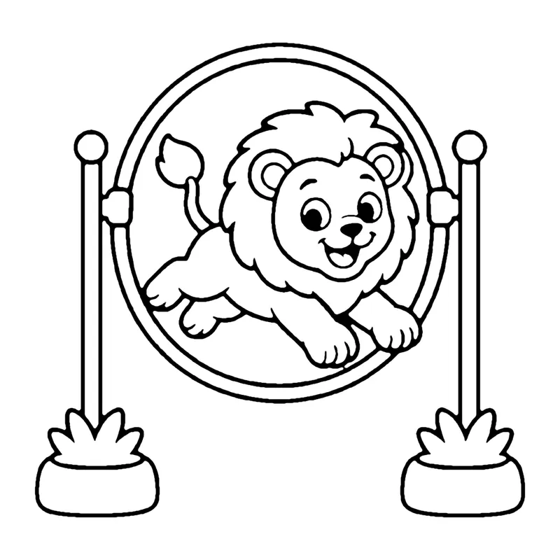 Line drawing of a smiling lion leaping through a large ring held up between two posts