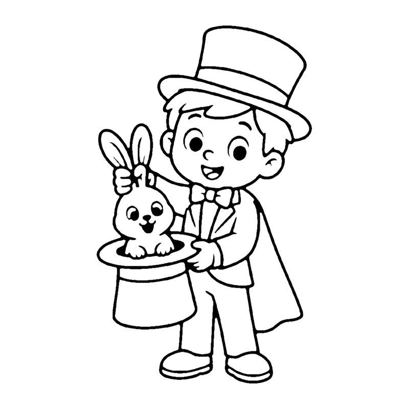 Line drawing of a young magician in a top hat and cape holding a hat with a bunny popping out