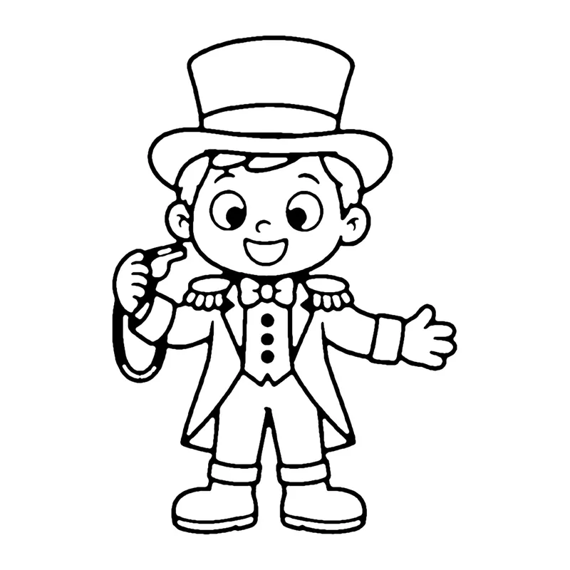 Line drawing of a ringmaster in a tall top hat, tailcoat and bow tie with one hand held out in welcome