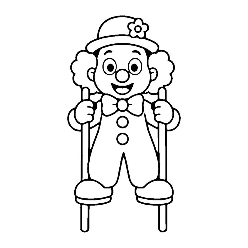 Line drawing of a clown with a flower hat walking on tall stilts