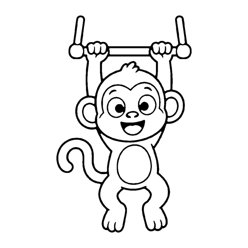 Line drawing of a smiling monkey hanging by both hands from a trapeze bar