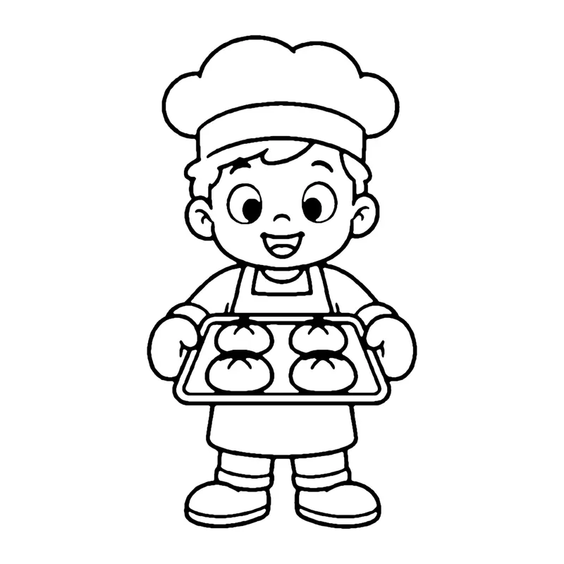 Line drawing of a baker in a puffy hat and apron holding a tray of fresh buns