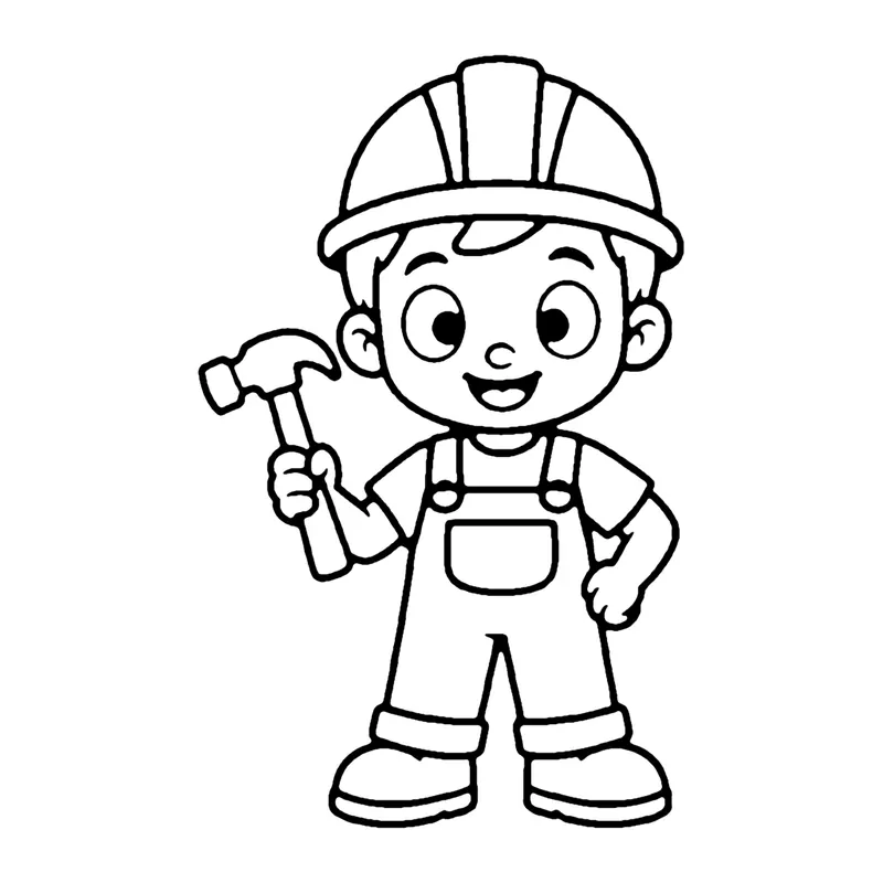 Line drawing of a builder in a hard hat and overalls holding a hammer