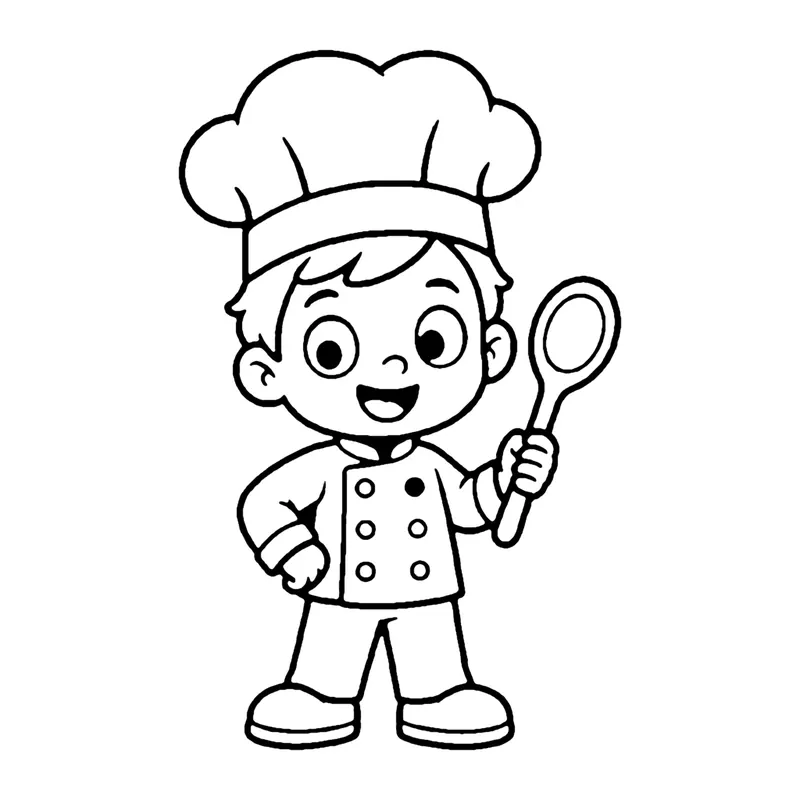 Line drawing of a smiling chef in a tall hat and double-buttoned jacket holding a spoon