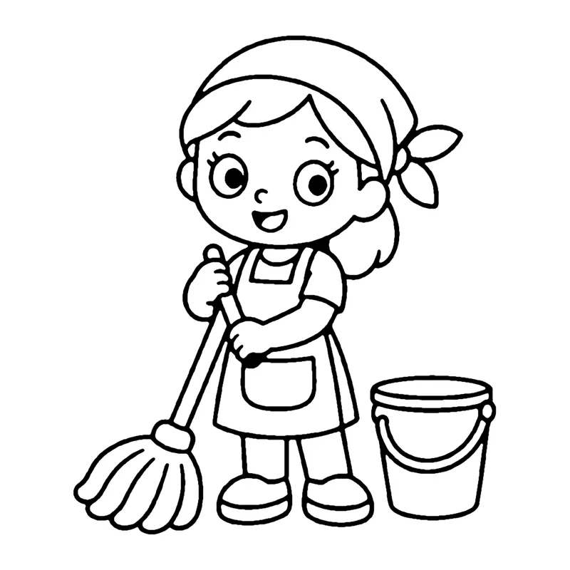 Line drawing of a cleaner in a headscarf and apron holding a mop next to a bucket