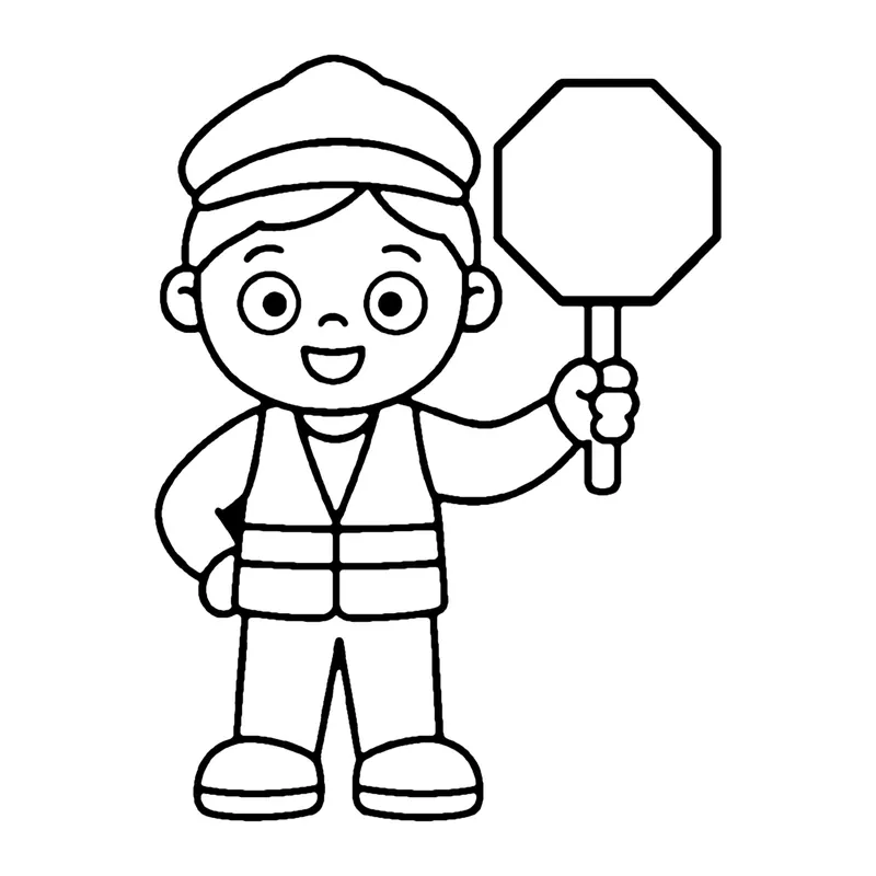 Line drawing of a crossing guard in a cap and safety vest holding up a stop sign