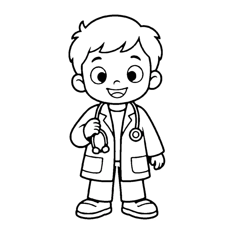Line drawing of a smiling doctor in a white coat with a stethoscope around the neck