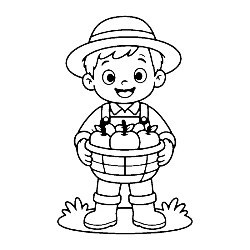 Line drawing of a farmer in a straw hat and overalls carrying a basket full of apples
