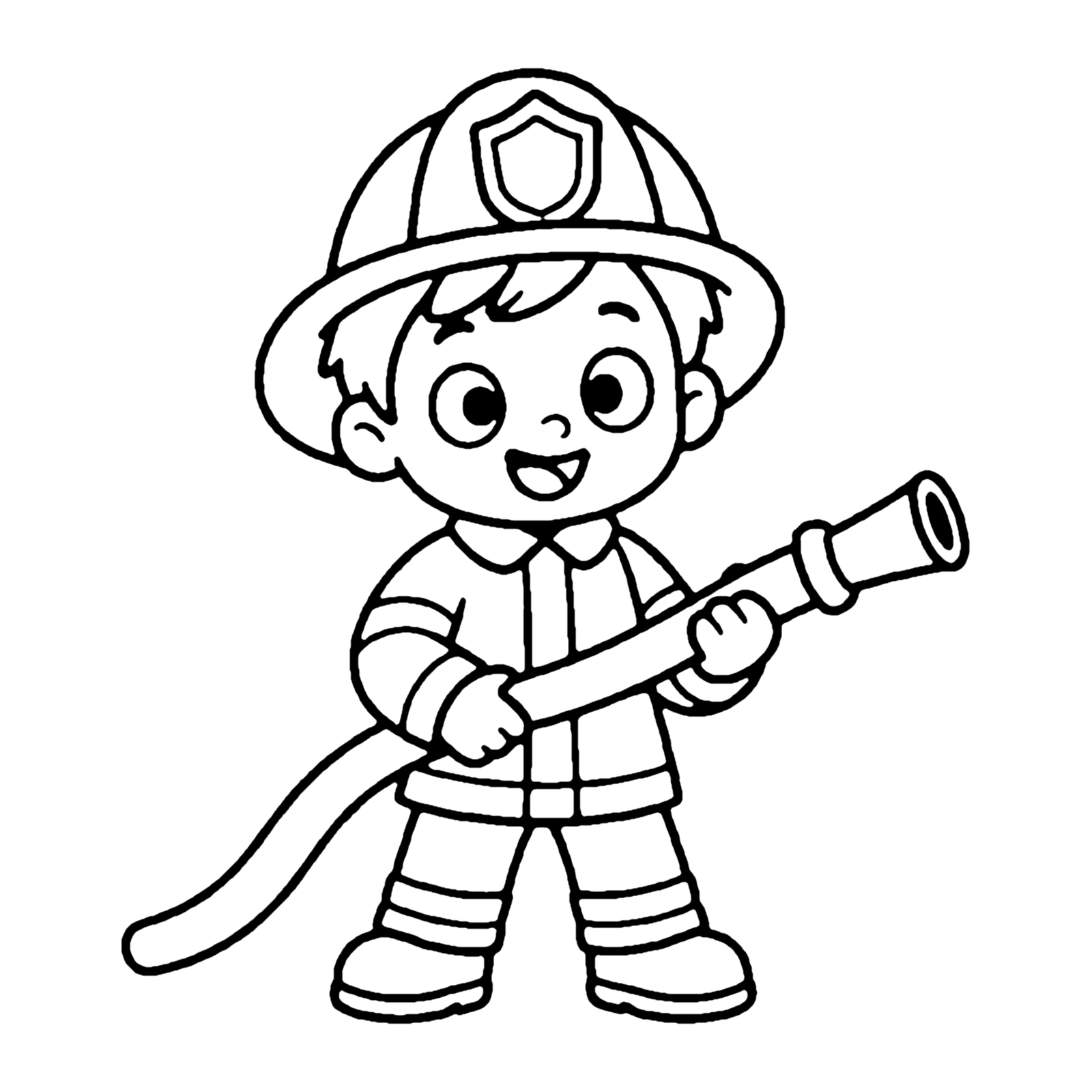 Line drawing of a young firefighter in a helmet, coat and boots holding a long hose