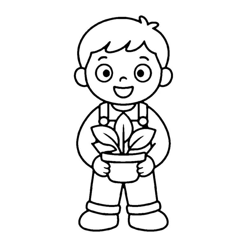 Line drawing of a gardener in overalls holding a potted leafy plant