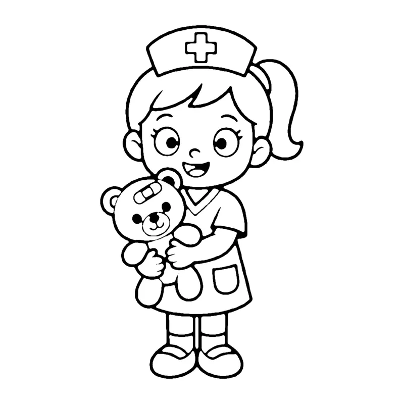 Line drawing of a nurse with a ponytail and cap holding a teddy bear with a bandage