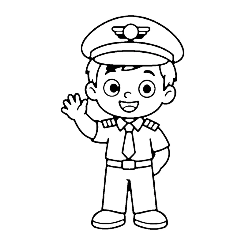 Line drawing of a waving pilot in a winged cap, a shirt with shoulder stripes and a tie
