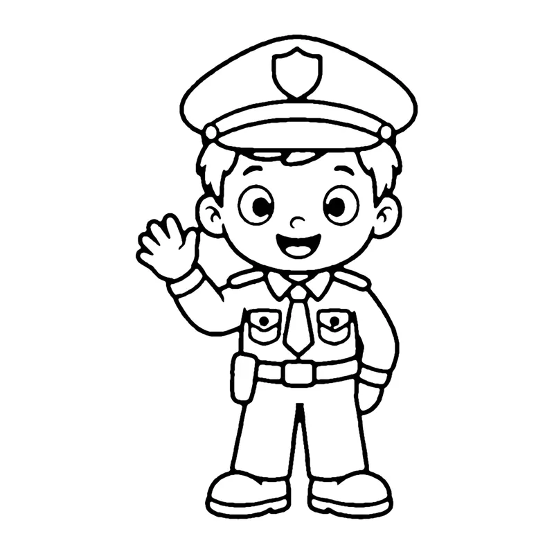 Line drawing of a waving police officer in a peaked cap with a badge, a tie and a belt