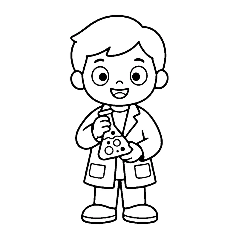 Line drawing of a young scientist in a lab coat holding a flask filled with bubbles
