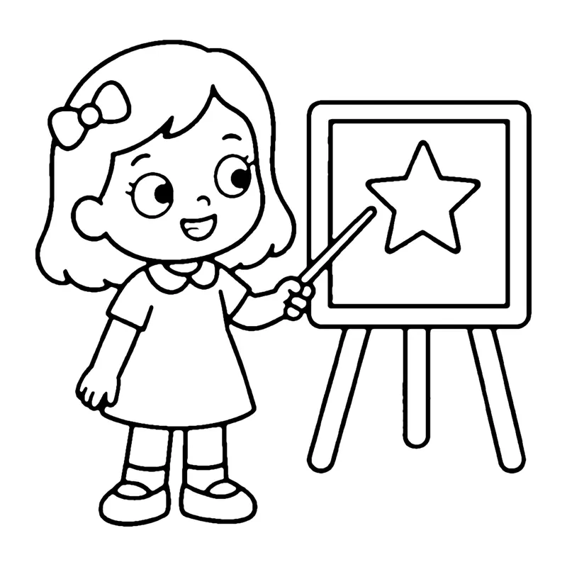 Line drawing of a teacher with a bow in her hair pointing at a star on an easel board