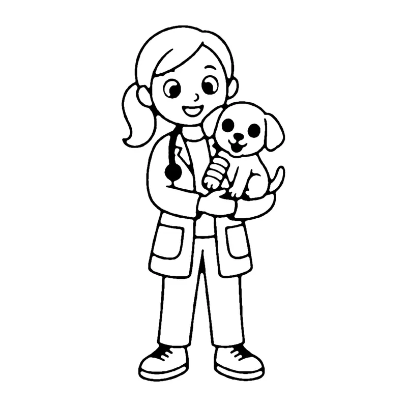 Line drawing of a standing vet in a lab coat holding a small puppy in her arms