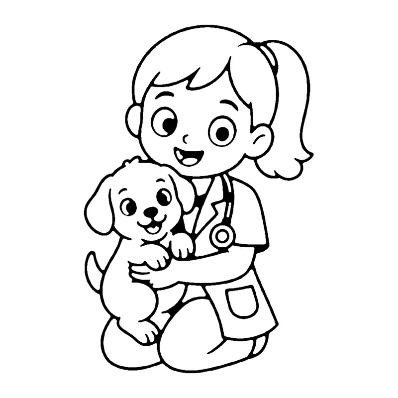 Line drawing of a kneeling vet with a ponytail and stethoscope hugging a happy puppy