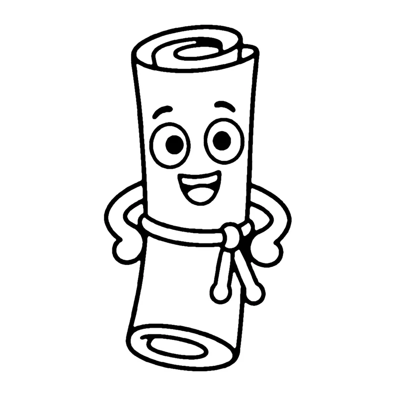 Line drawing of a smiling rolled-up blueprint tied with string, with hands on its hips