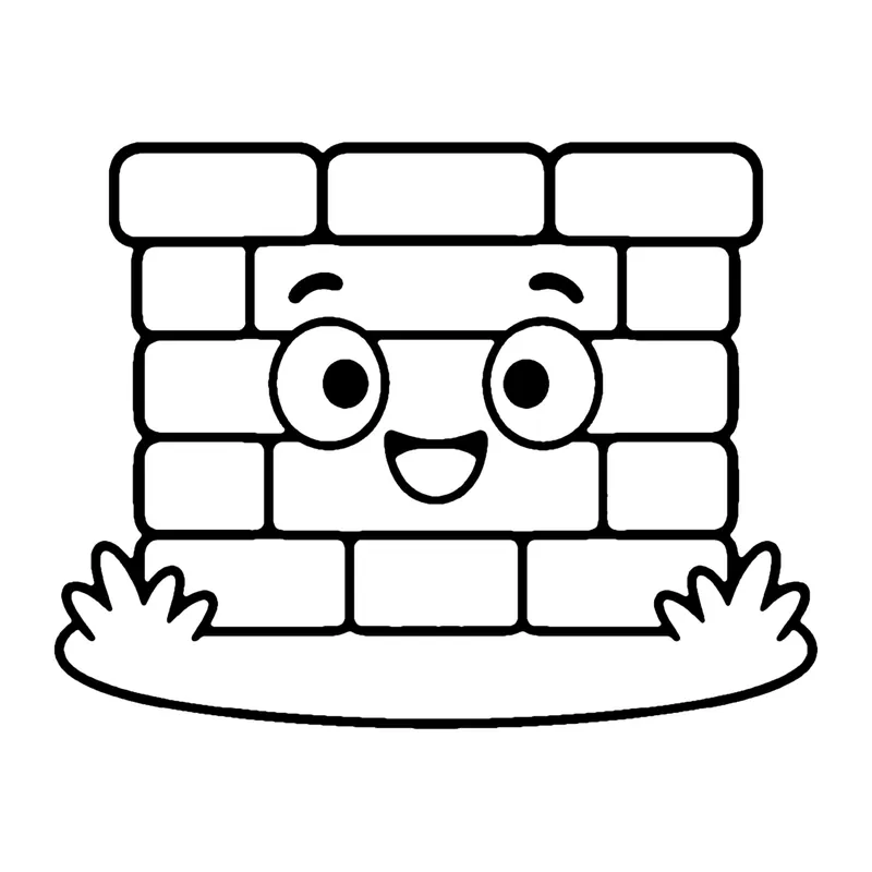Line drawing of a smiling brick wall made of rows of rectangular bricks with grass at the bottom