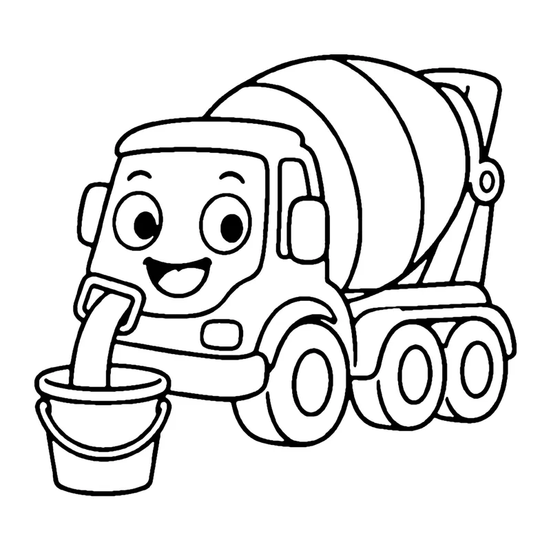 Line drawing of a smiling cement mixer truck with a striped drum pouring cement into a bucket